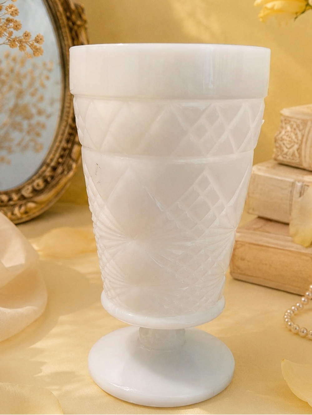 HAZEL ATLAS Milk Glass Gothic Footed Tumbler